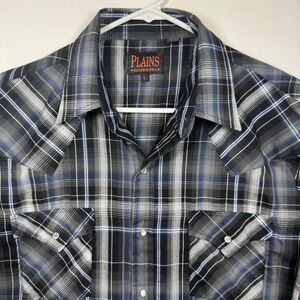 Plains Western‎ Wear Mens Plaid Shirt Long Sleeve Pearl Snap Black Blue Sz Large